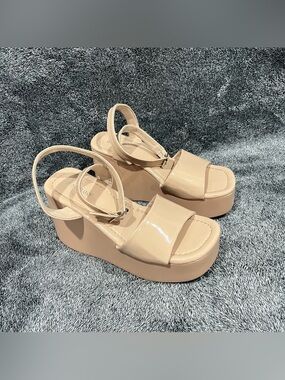 BAMBOO Nala-04 Women's Single Band Wedge Platform Sandal nude/beige size 7-7.5